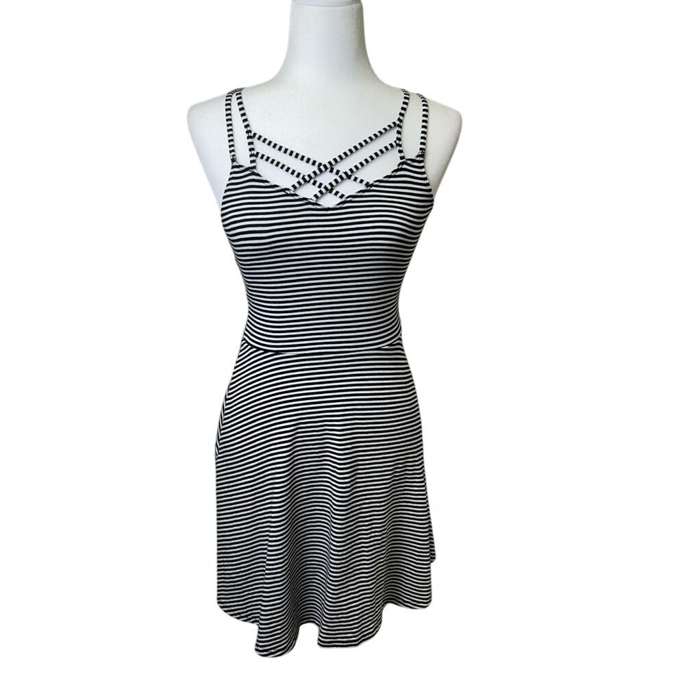Hollister Women"s Black and White Striped Crisscross Strap Mini Dress Size XS‎